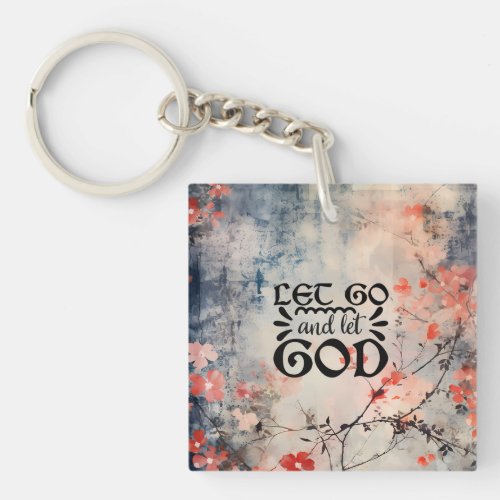 Let Go and Let God Coral Blue Floral Art Christian Keychain