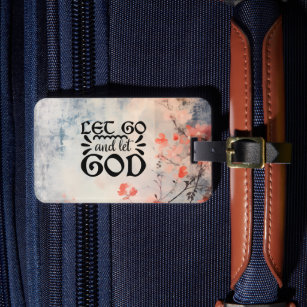 Let Go and Let God Coral Blue Floral Art Christian Luggage Tag