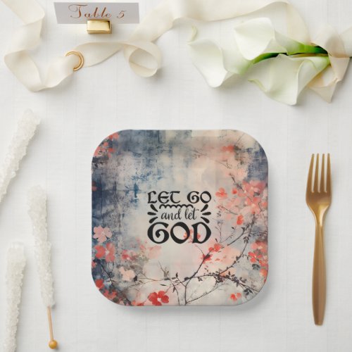 Let Go and Let God Coral Blue Floral Art Christian Paper Plates