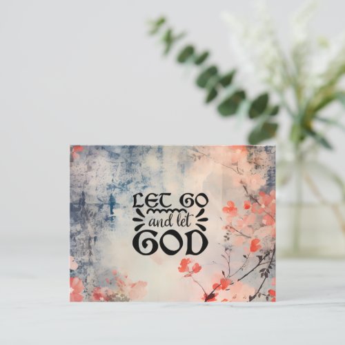 Let Go and Let God Coral Blue Floral Art Christian Postcard