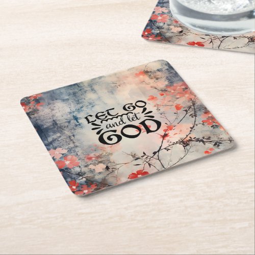 Let Go and Let God Coral Blue Floral Art Christian Square Paper Coaster