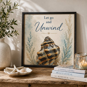 Let Go and Unwind Seashell Bathroom Framed Art Peel And Stick Photo Tile