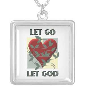 Let Go Let God Recovery Slogan Quote Red Heart Silver Plated Necklace