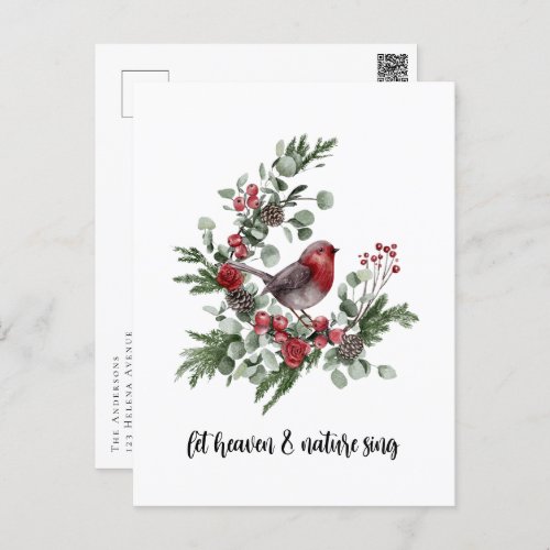 Let Heaven and Nature Sing Robin Wreath Holiday Postcard