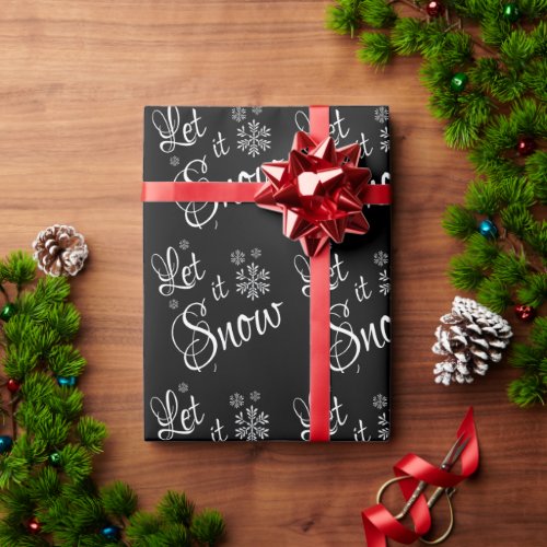 Let it Snow Black White  Snow Flake Christmas Wrapping Paper