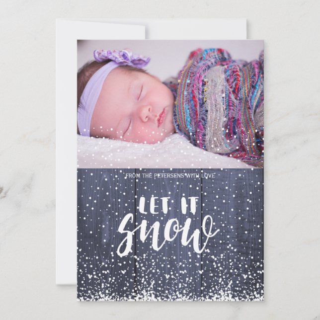 Let it snow blue barnwood white falling snowflakes holiday card (Front)