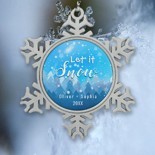 Let it Snow Blue Crystal  Snowflake Pewter Christmas Ornament