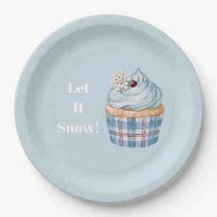 Let It Snow Blue Cupcake Snowflake Christmas Paper Plates