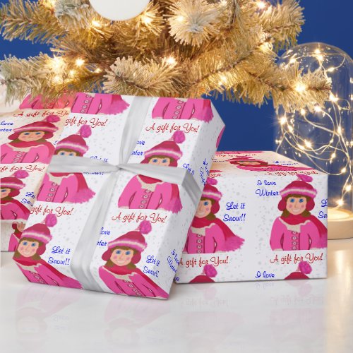 Let it Snow Blue_Eyed Girl Pink Pom_Pom Hat Wrapping Paper