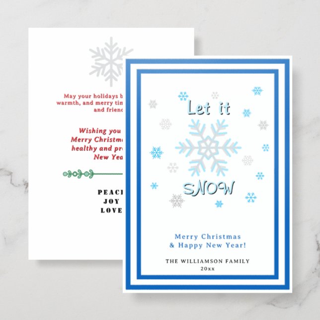 Let it Snow Blue Gray Smowflakes  Letterpress Photo Cards (Front/Back)