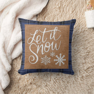 Let it Snow - Blue Plaid and Burlap Throw Pillow