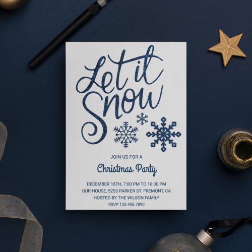 Let it Snow  Blue Sparkle Christmas Party Invite