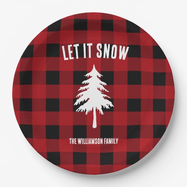 Let It Snow Buffalo Plaid Holiday Paper Plates (Front)