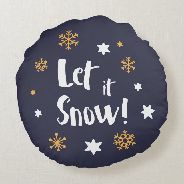 "Let it Snow!"  Calligraphy Christmas Blue Round Pillow (Back)