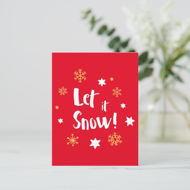 "Let it Snow!"  Calligraphy Christmas Modern Red Holiday Postcard (Standing Front)