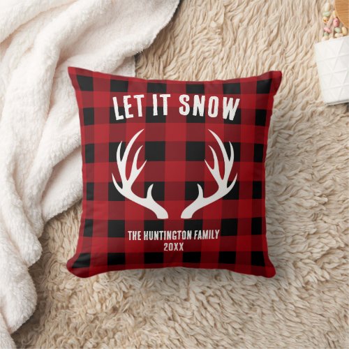 Let It Snow Christmas Antlers Buffalo Plaid Throw Pillow