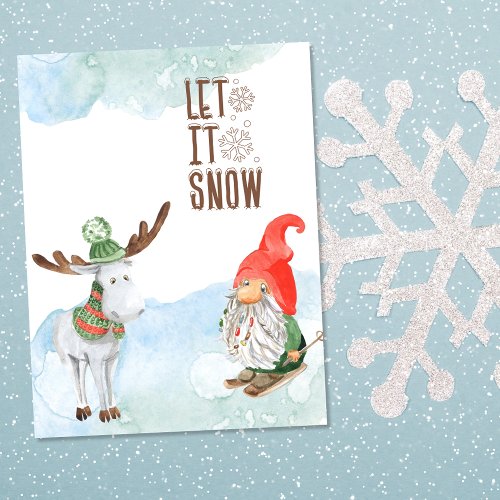 Let it Snow Christmas Gnome and Moose Holiday Card