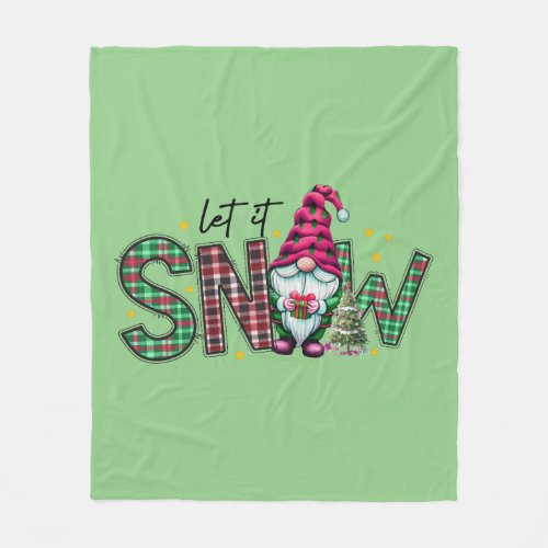 Let It Snow Christmas Plaid Holiday Gnome Green Fleece Blanket