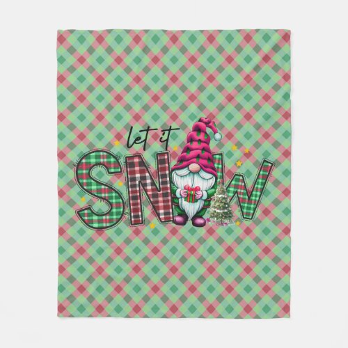 Let It Snow Christmas Plaid Holiday Gnome Green Fleece Blanket