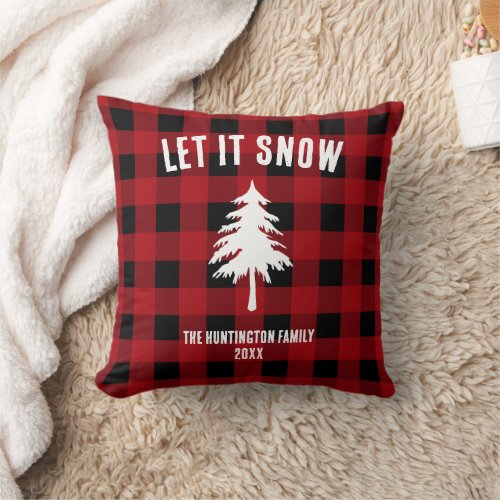 Let It Snow Christmas Red Black Buffalo Plaid Thro Throw Pillow