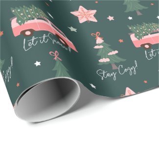 Let It Snow Christmas Tree Green Vintage Retro Van Wrapping Paper
