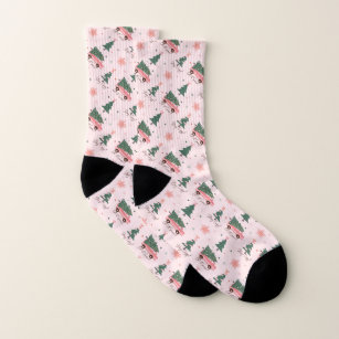 Let It Snow Christmas Tree Vintage Pink Retro Van Socks