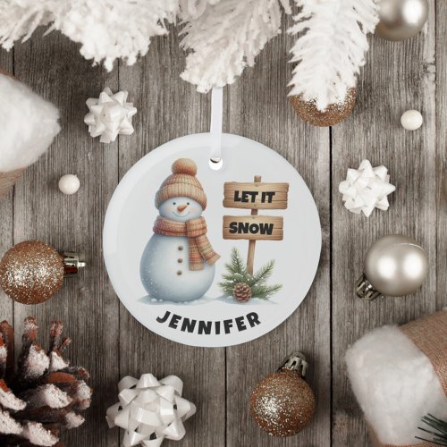 Let it Snow Cozy Winter Snowman Custom Name Glass Ornament