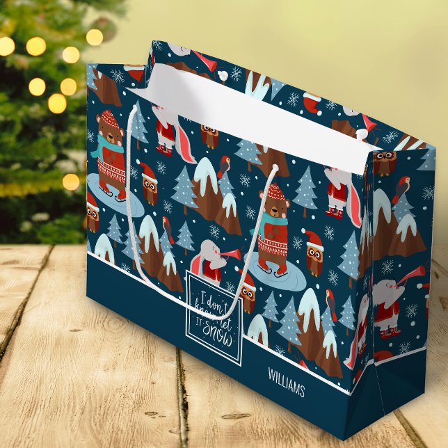 Let it Snow Cute Animal Name Blue Christmas Large Gift Bag (Creator Uploaded)