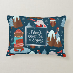 Let it Snow Cute Animal Pattern with Name Blue Accent Pillow