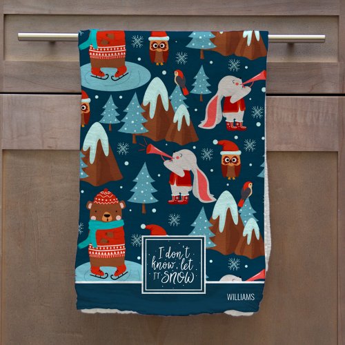 Let it Snow Cute Animal Pattern with Name Blue Kitchen Towel