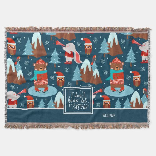 Let it Snow Cute Animal Pattern with Name Blue Throw Blanket