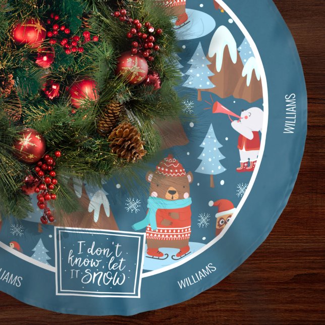 Let it Snow Cute Animal with Name Blue Christmas Brushed Polyester Tree Skirt (Creator Uploaded)
