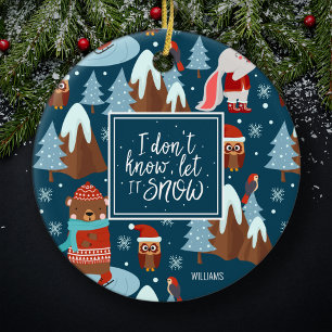 Let it Snow Cute Animal with Name Blue Christmas Ceramic Ornament