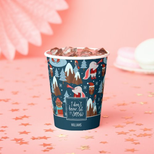 Let it Snow Cute Animal with Name Blue Christmas Paper Cups