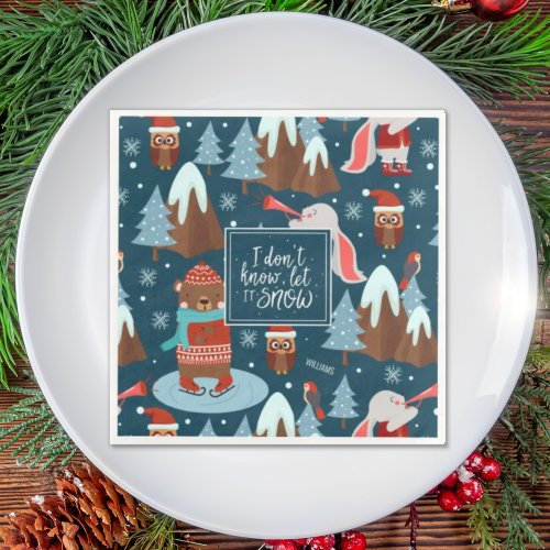 Let it Snow Cute Animal with Name Blue Christmas Paper Dinner Napkins