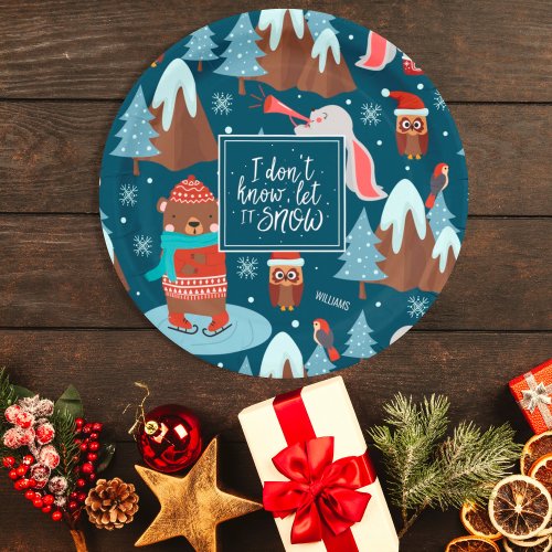 Let it Snow Cute Animal with Name Blue Christmas Paper Plates