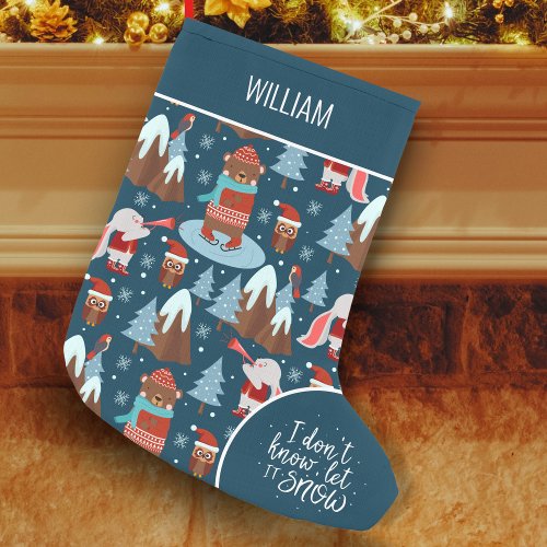 Let it Snow Cute Animal with Name Blue Holiday Small Christmas Stocking