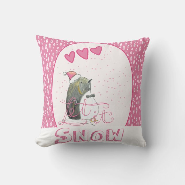 Let it snow | Cute Penguin Christmas Throw Pillow (Front)