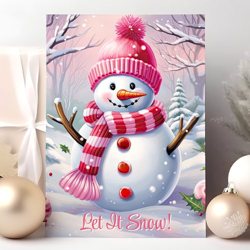 Let It Snow Cute Pink Snowman Holiday Card