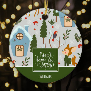 Let it Snow Cute Reindeer Name Green Christmas Ceramic Ornament