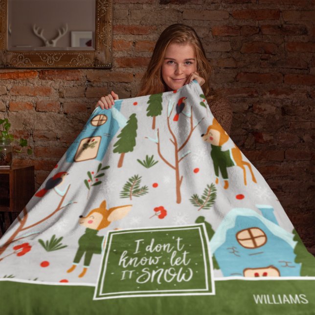 Let it Snow Cute Reindeer Pattern with Name Green Fleece Blanket (Creator Uploaded)
