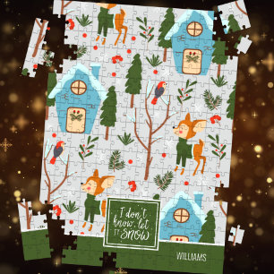 Let it Snow Cute Reindeer Pattern with Name Green Jigsaw Puzzle