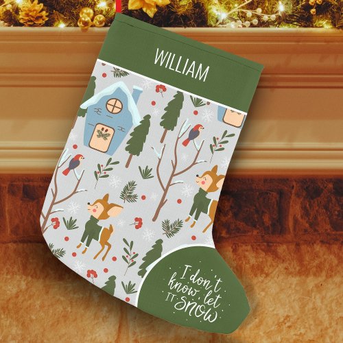 Let it Snow Cute Reindeer Pattern with Name Green Small Christmas Stocking