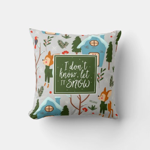 Let it Snow Cute Reindeer Pattern with Name Green Throw Pillow