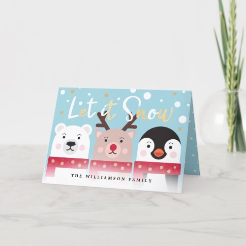 Let It Snow  Cute Reindeer Polar Bear  Penguin Holiday Card