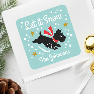 Let it Snow Cute Scottie Dog Christmas Name Green Square Sticker