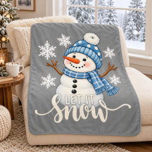 Let It Snow Cute Snowman Gray Sherpa Blanket