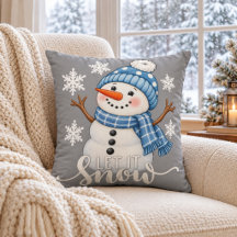 Let It Snow Cute Snowman Gray Winter Throw Pillow