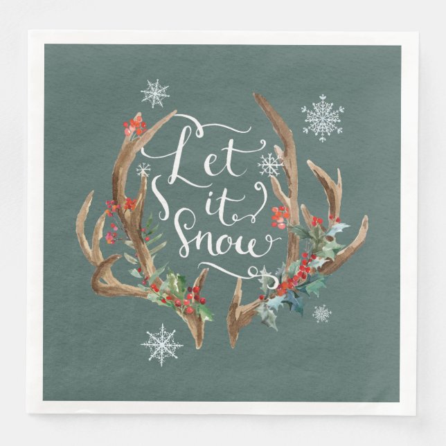 Let it Snow/Deer Antlers with Flowers Paper Dinner Napkins (Front)