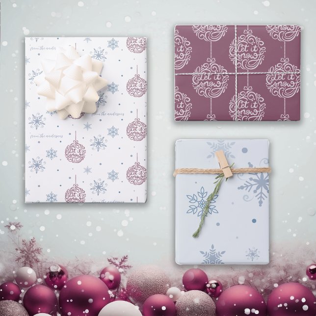 Let It Snow Dusty Blue and Burgundy Personalized Wrapping Paper Sheets (Creator Uploaded)